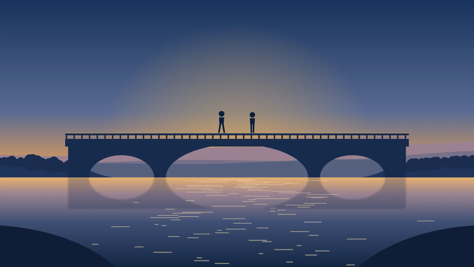 Zwei Menschen gehen auf einer Brücke im Morgenlicht aufeinander zu
